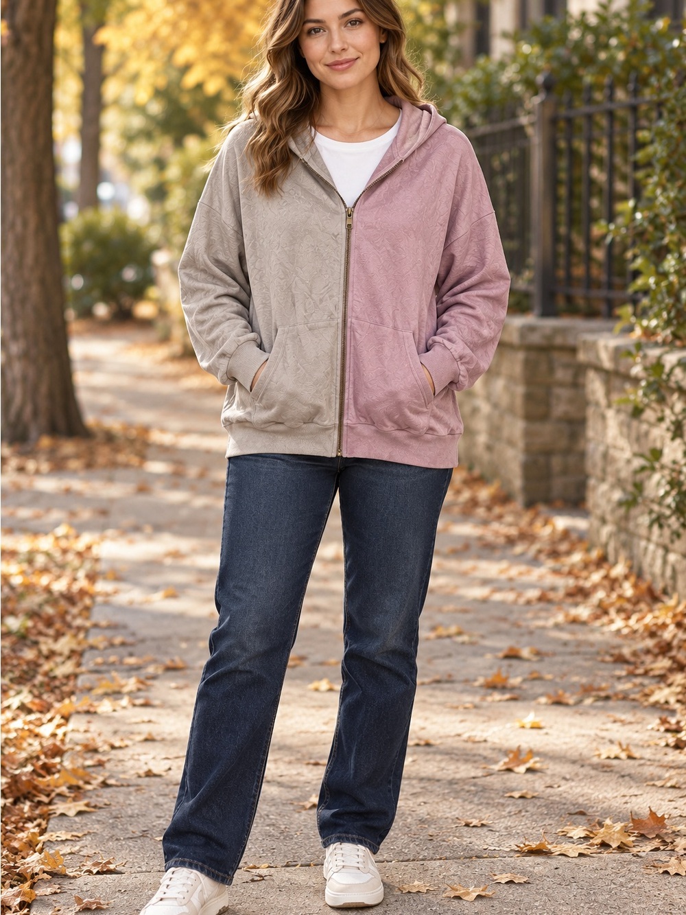 easel Two-Tone Zip Hoodie in Mauve Pink and Taupe